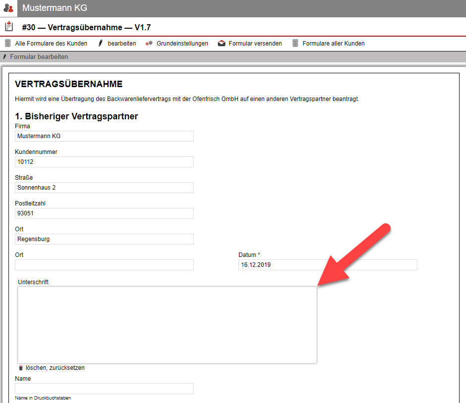 Screenshot eines zum Versand fertigen Formulars mit Online-Unterschriftsfeld