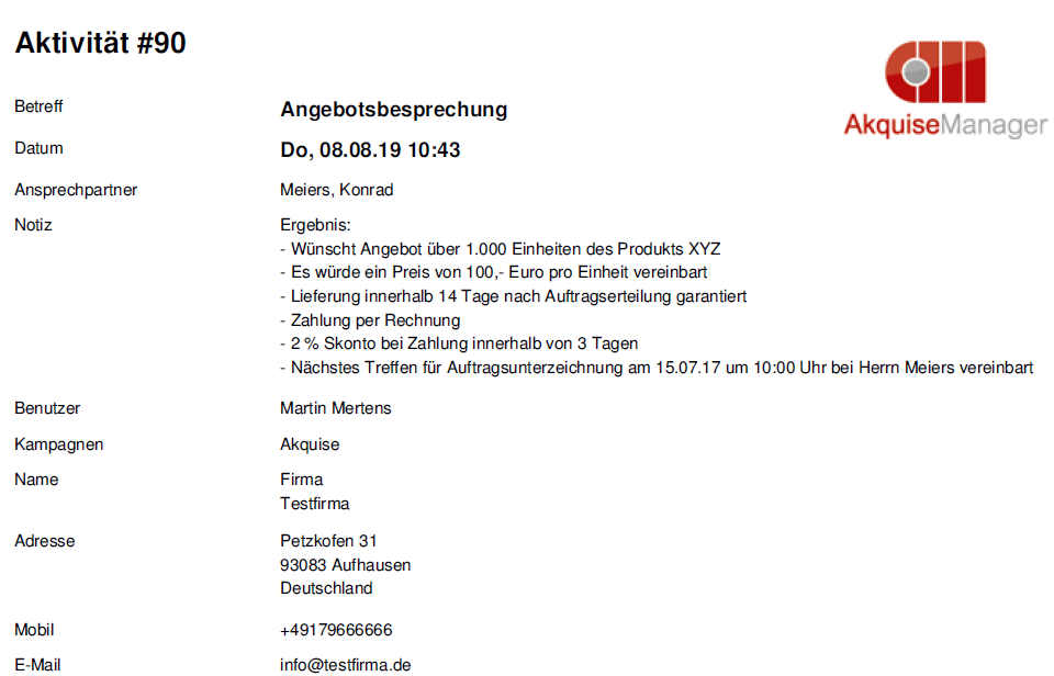 Screenshot einer als PDF exportieren Aktivitätseintragung