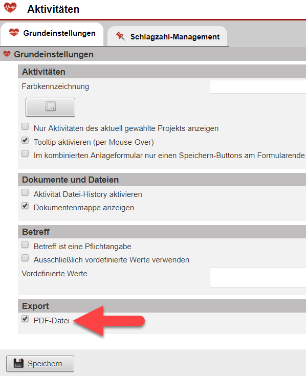 Screenshots des Einstellungsbereichs mit der markierten Option zum Aktivieren des PDF-Exports von Aktivitäten