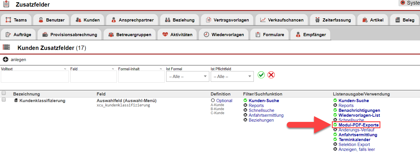 Screenshot des Einrichtungsbereichs für Zusatzfelder mit markierter Option "Modul-PDF-Export" bei einem angelegten Zusatzfeld