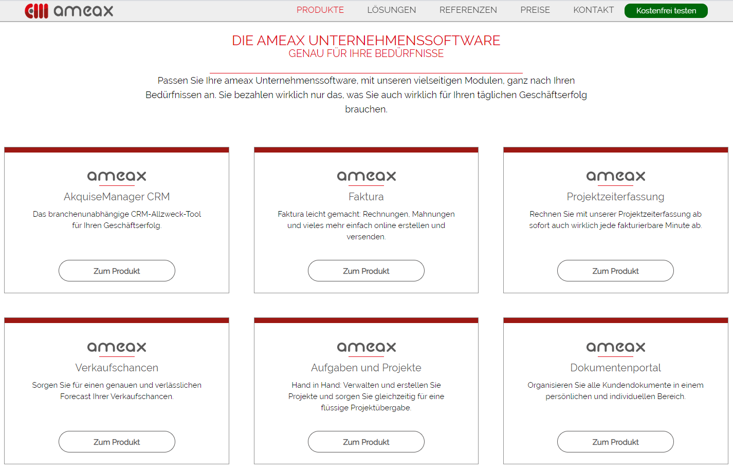 Screenshot Produktbereich auf www.ameax.de