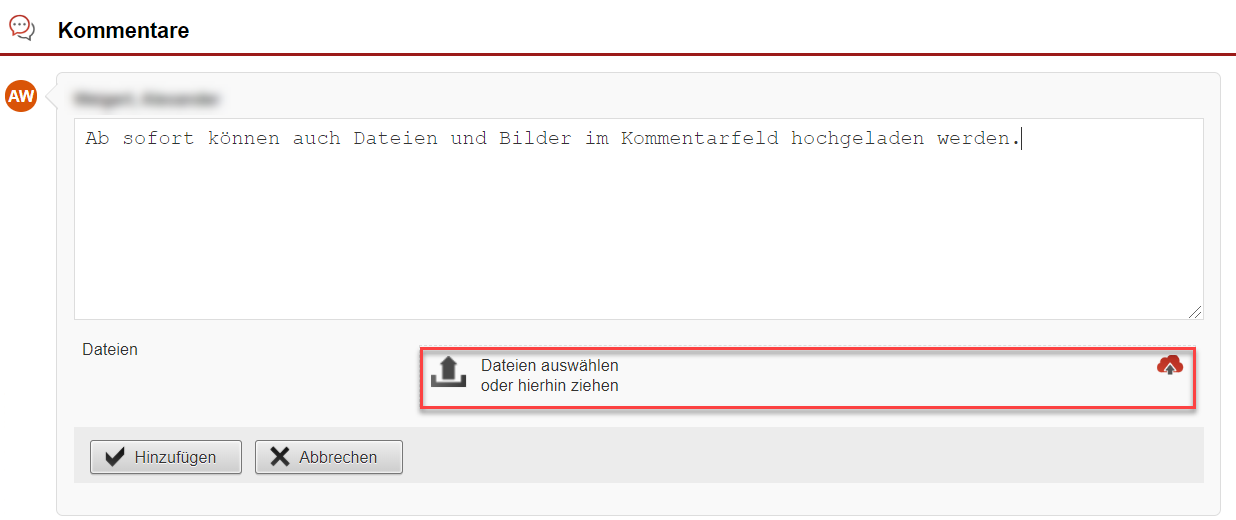 Screenshot Kommentarfeld mit markiertem Upload-Bereich