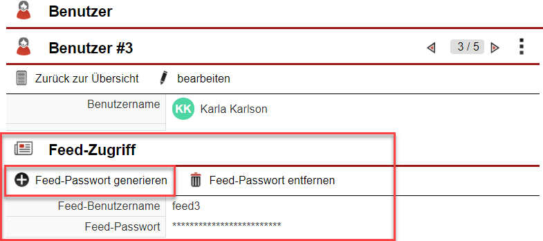 Screenshot Bereich zum Generieren eines Feed-Passworts