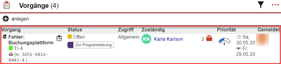 Screenshot: Ticket in der Stammdatenmaske des Kunden