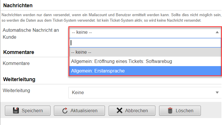 Screenshot: Nachrichten per Prozessbuttons