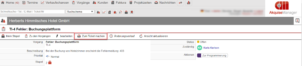 Screenshot: Vorgang in Ticket umwandeln