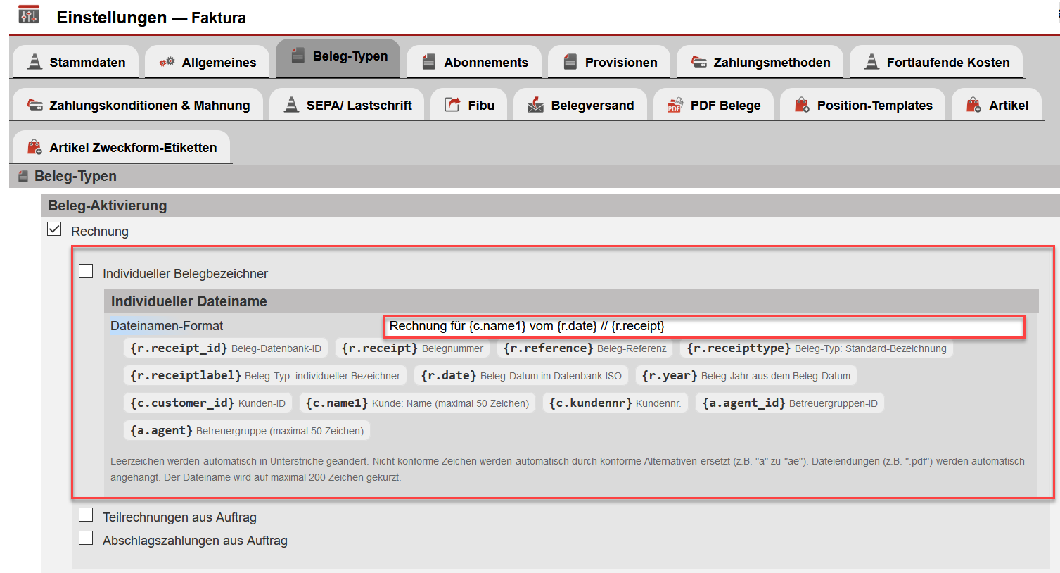 Screenshot Einrichtungsmaske individueller Beleg-Datei-Benennungen
