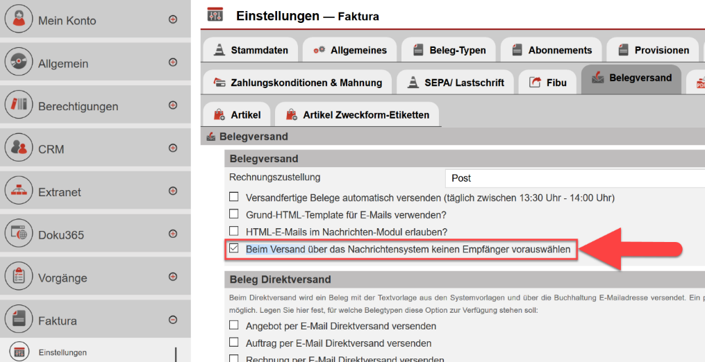 Screenshot Einstellungsbereich für den Belegversand mit Markierung