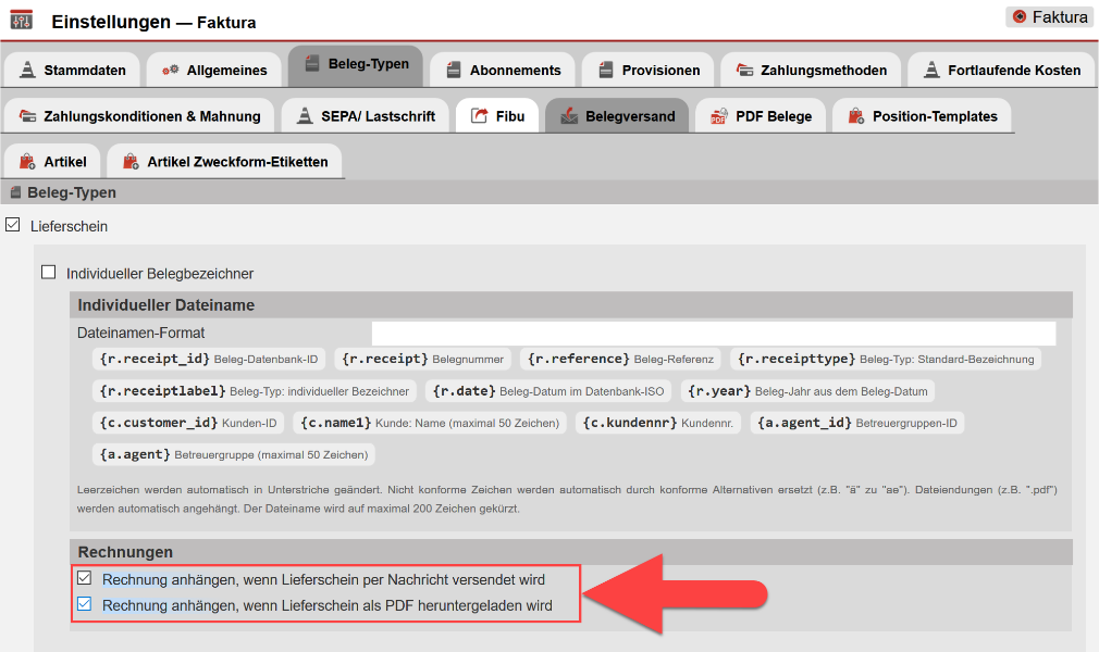 Screenshot Einstellungsbereich für Lieferscheine mit Markierung