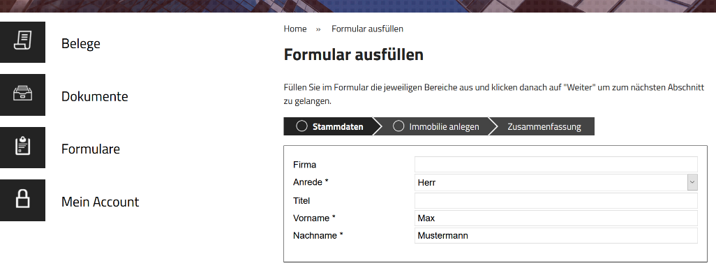 Screenshot Formulareingabemaske