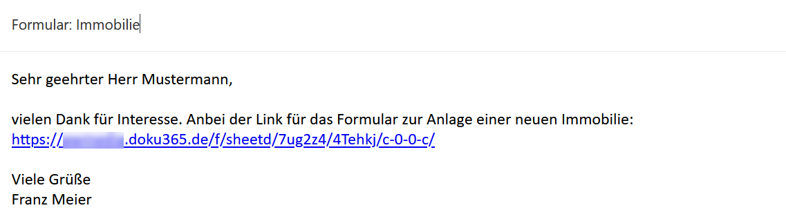 Screenshot der Mail zum Versand des Links zum Formular