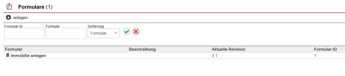 Screenshot Übersicht angelegter Formulare