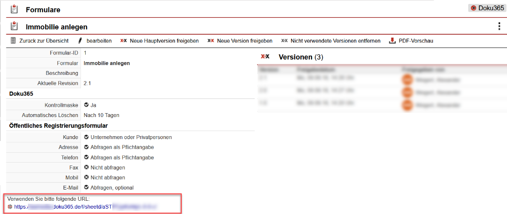 Screenshot Einstellungsmaske des Formulars mit Markierung