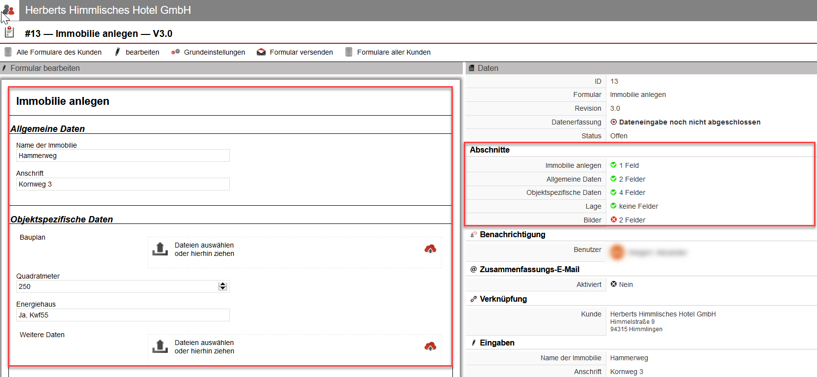 Screenshot: Übersicht des Formulars