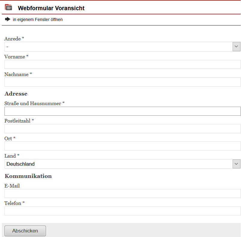 Screenshot: Webformular Voransicht