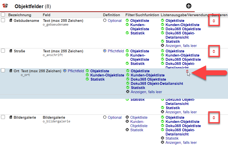 Screenshot der Übersicht von angelegten Objektfeldern mit verschiedenen Markierungen