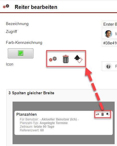 Screenshot eines Inhaltscontainers mit Markierungen