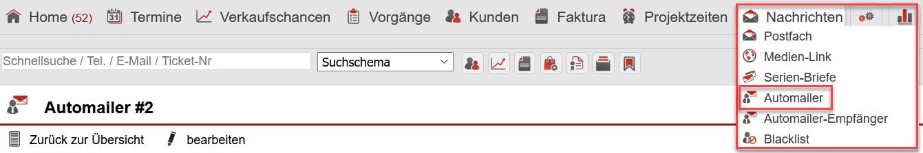 Screenshot Hauptmenüpunkt "Nachrichten" mit markiertem Unterpunkt "Automailer"