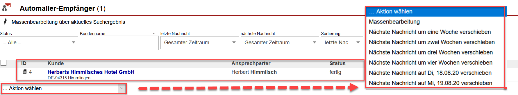 Screenshot Maske zum Ändern von Einstellungen bei bestimmten Automailer-Empfängern mit Markierungen