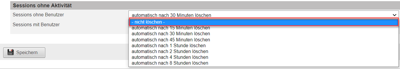 Screenshot der des Einstellungsbereichs für die automatische Löschung von ameax Sessions mit Markierungen