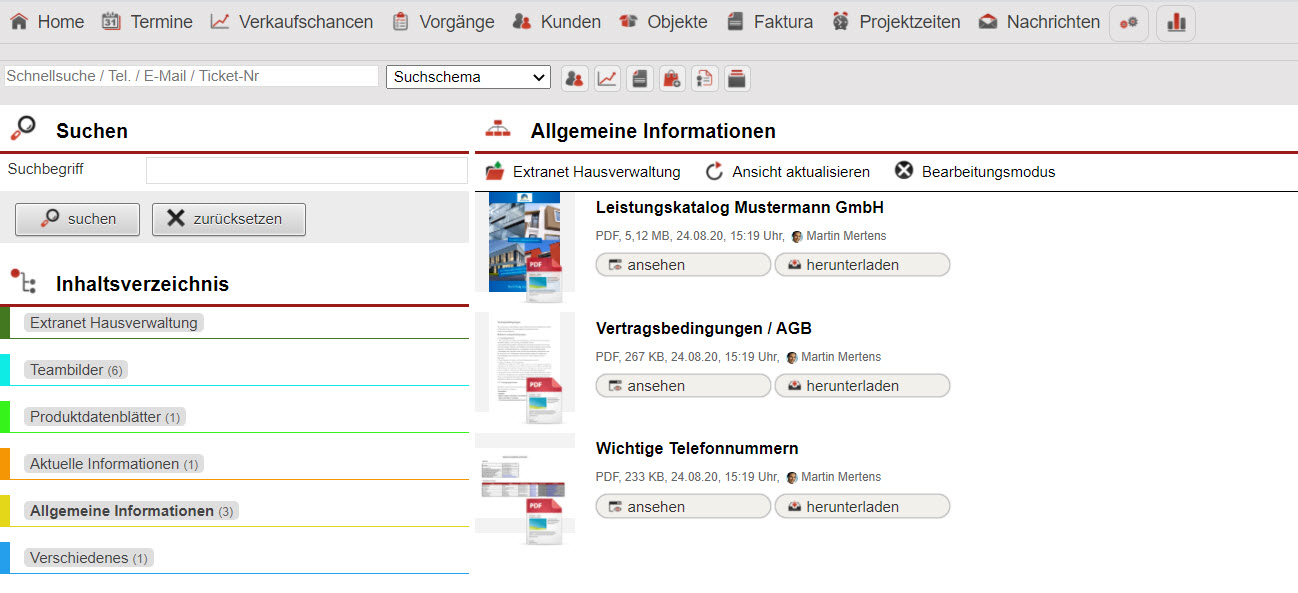 Screenshot des neuen ameax-Extranets