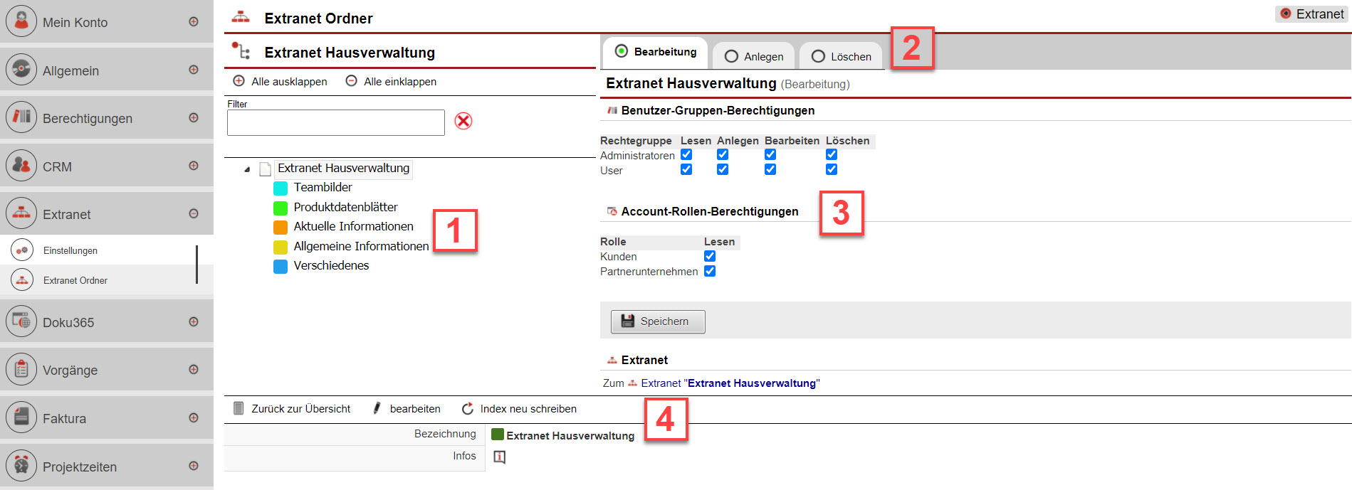 Screenshot der Maske für die Extranet-Ordner-Einstellungen mit Markierungen