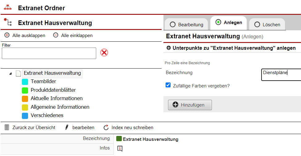 Screenshot Maske zum Anlegen eines Extranet-Ordners