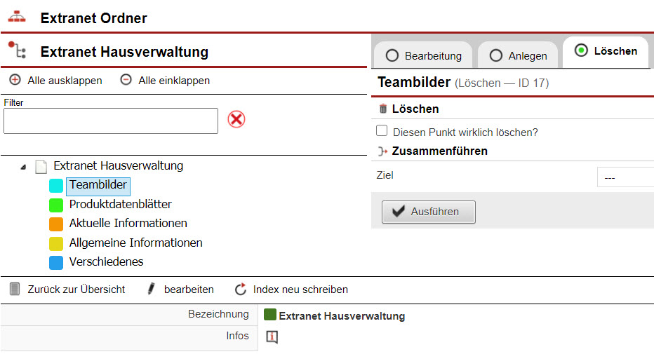 Screenshot der Maske zum Löschen oder Zusammenführen von Extranet-Ordnern