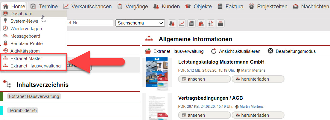 Screenshot Extranet mit Markierung verschiedener Extranetordner im Hauptmenüpunkt "Home"