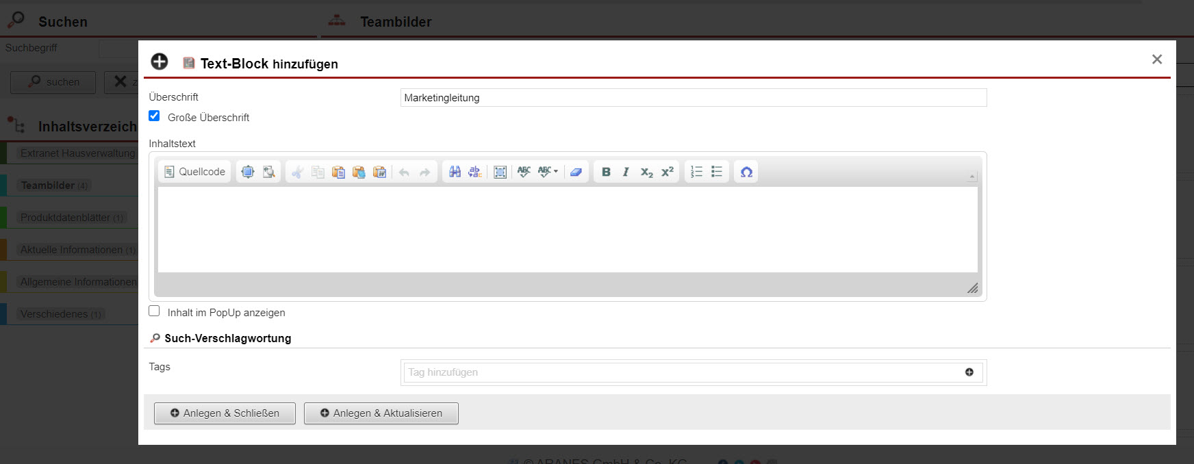 Screenshot der Eingabefläche zum Erstellen eines Textcontainers im Extranet