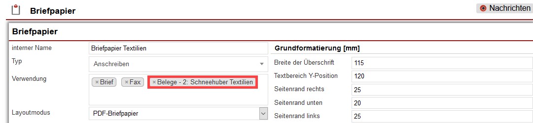 Screenshot geöffnetes Formular zur Briefpapiererstellung mit markiertem zugeordnetem Mandanten