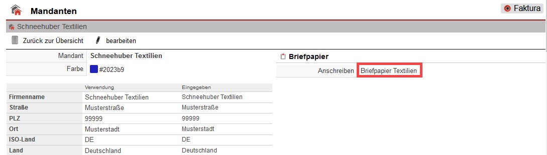 Screenshot geöffneter Mandant im Faktura-Einstellungsbereich mit markiertem Briefpapier