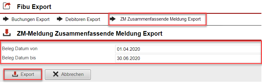 Screenshot Bereich zum Export innergemeinschaftlicher Lieferungen