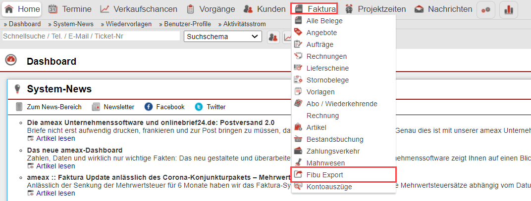 Screenshot Hauptmenübereich "Faktura" mit markiertem Punkt "Fibu-Export"