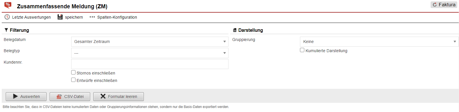 Screenshot Bereich zum Export innergemeinschaftlicher Lieferungen