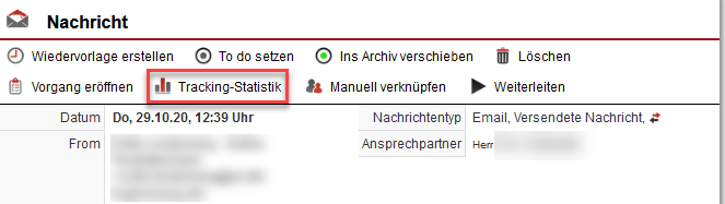 Screenshot einer im AkquiseMaanger geöffneten, versendeten E-Mail mit Markierung des Icons "Tracking-Statistik"