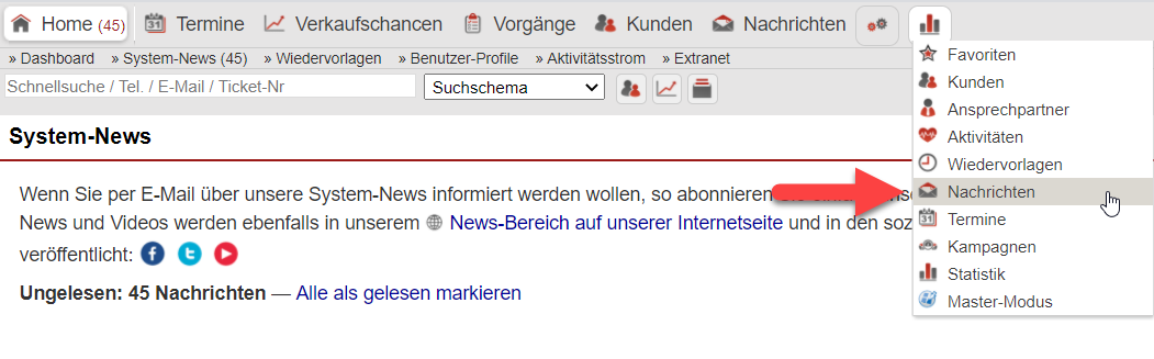 Screenshot des geöffneten Hauptmenüpunkts "Statistik" mit markiertem Punkt "Nachrichten"