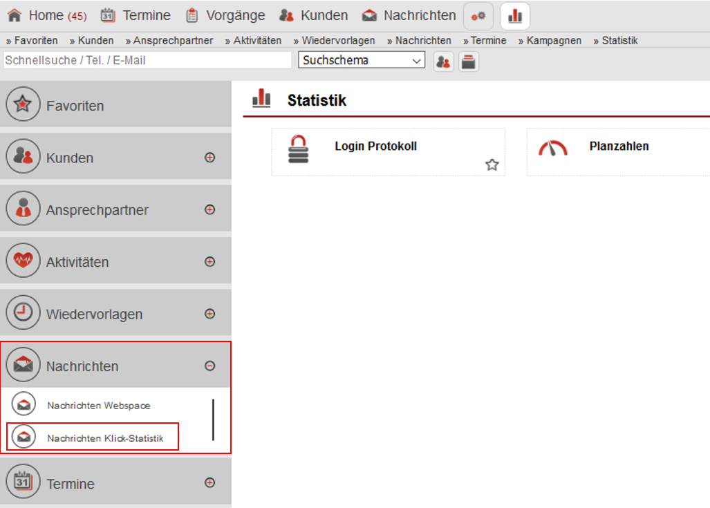 Screenshot des Statistikbereichs mit markierter Nachrichten Klick-Statistik