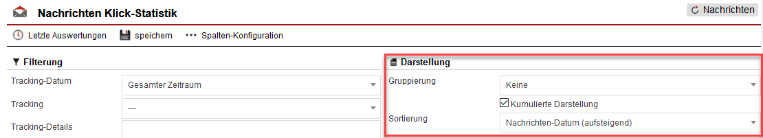 Screenshot der Maske zum Einstellen der Parameter der Nachrichten Klick-Statistik