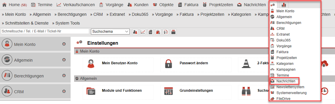 Screenshot Hauptmenüpunkt "Einstellungen" mir Markiertem Unterpunkt "Nachrichten"