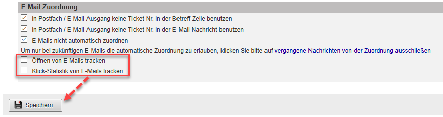 Screenshot des Bereichs zum Aktivieren des Mail-Trackings mit Markierungen