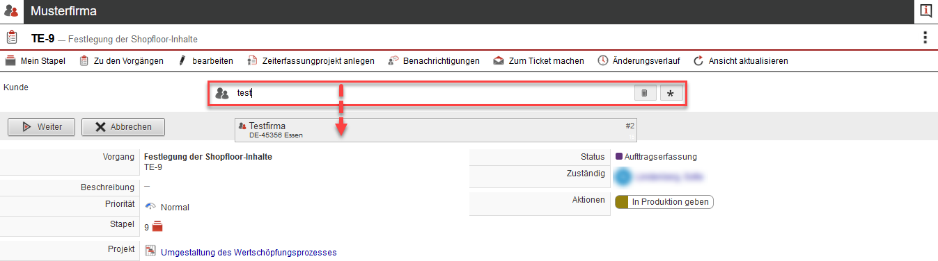 Screenshot geöffneter Vorgang mit markierter Option "Kunde ändern"