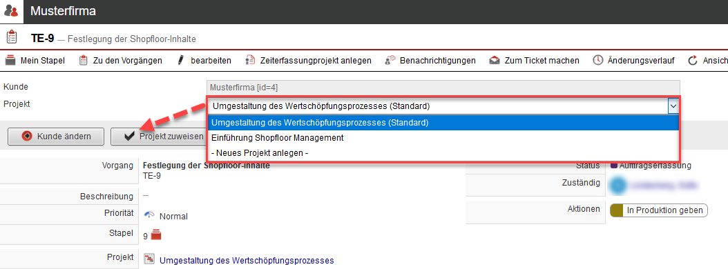 Screenshot geöffneter Vorgang mit Option "Projekt ändern"