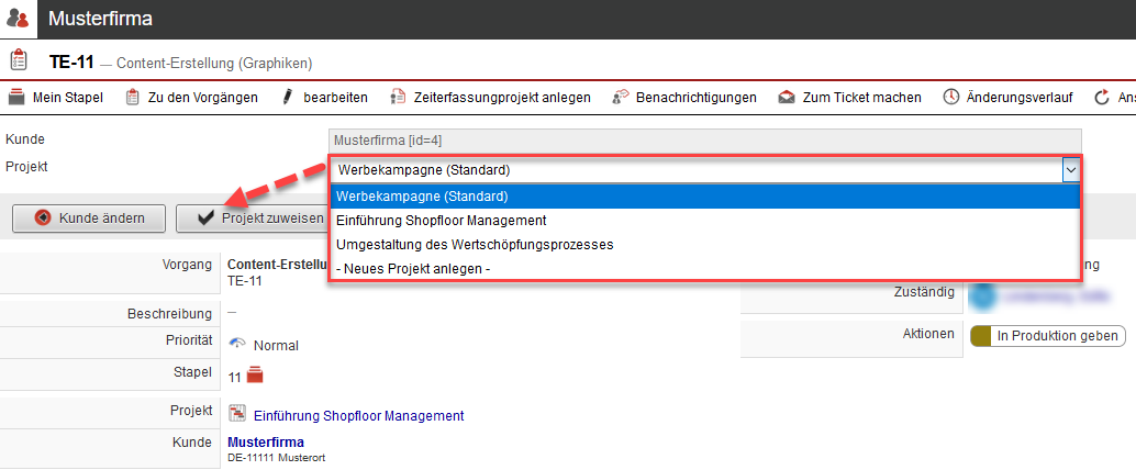 Screenshot geöffneter Vorgang mit markierter Option "Projekt ändern"