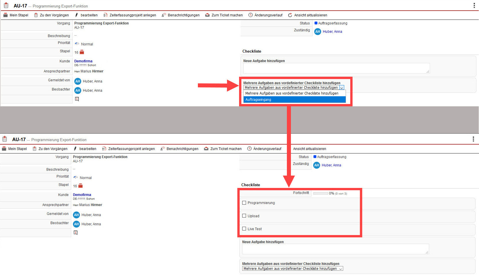 Screenshot geöffneter Vorgang mit markierter Checklisten-Erstellung