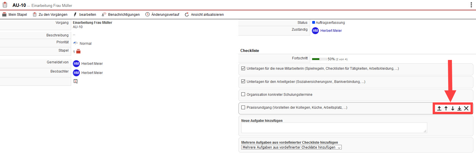 Screenshot geöffneter Vorgang mit markierten Bearbeitungsoptionen der Checkliste