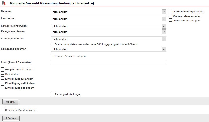 Screenshot geöffneter Massenbearbeitungsbereich