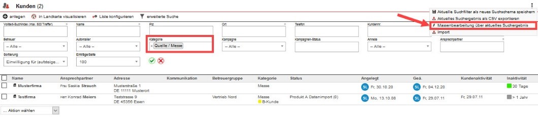 Screenshot gefilterte Kundendatensätze mit markiertem Button zur Massenbearbeitung