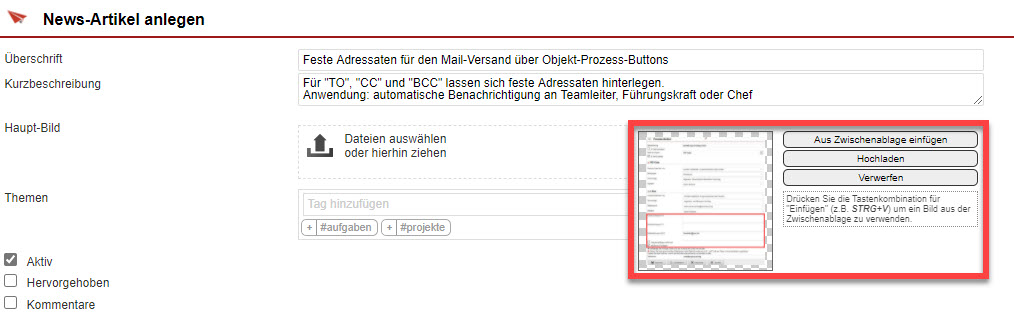 Screenshot geöffneter Eingabebereich des Ansprechpartners innerhalb eines Kundendatensatzes mit markierter Upload-Funktion über die Zwischenablage