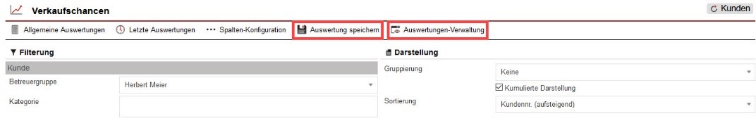 Screenshot geöffneter Verkaufschancen-Statistikbereich mit den markierten Optionen „Auswertung speichern“ und „Auswertungen-Verwaltung“